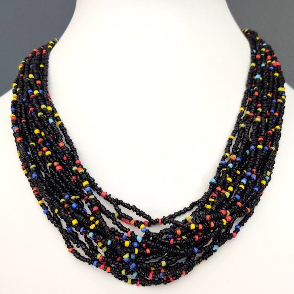 Jewelry - Multi strand black seed bead necklace with bright bead accents